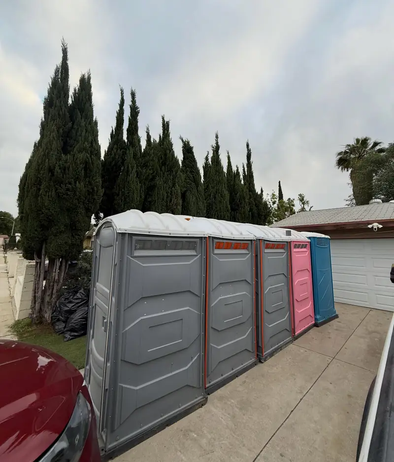 Row of portable toilets along a residential driveway